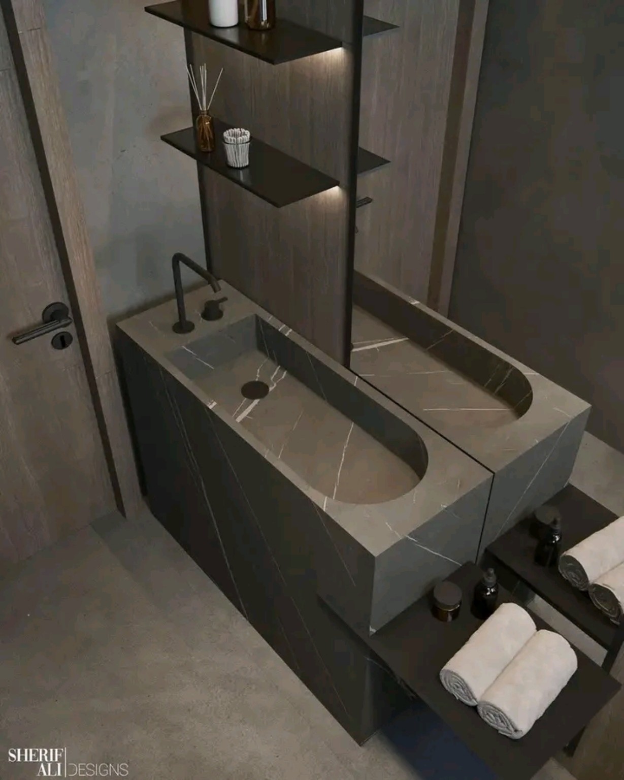 Double vasque contemporaine en pierre grise — Zohair Décoration Marbre